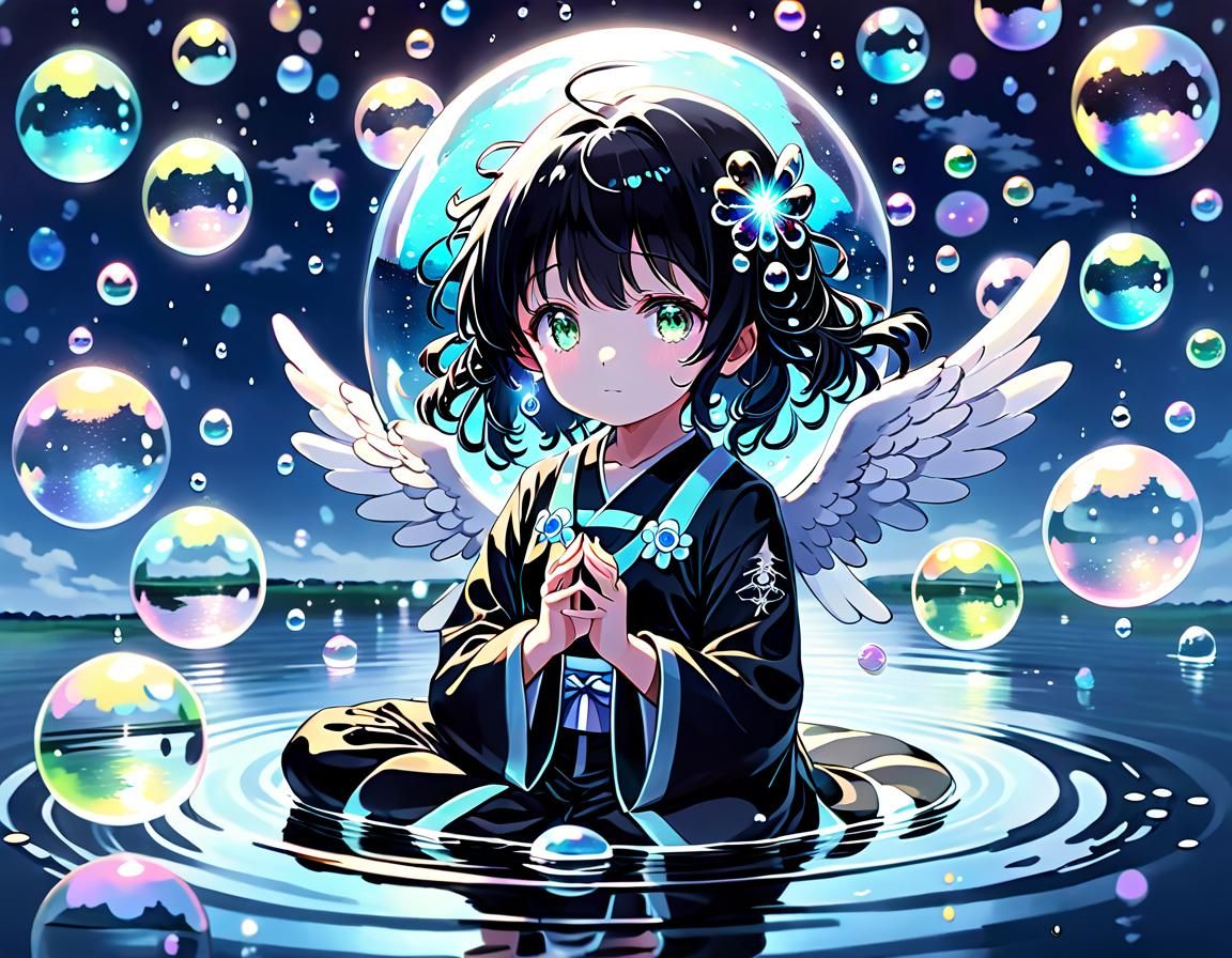 Black Angel in Iridescent Bubbles, Anime Style