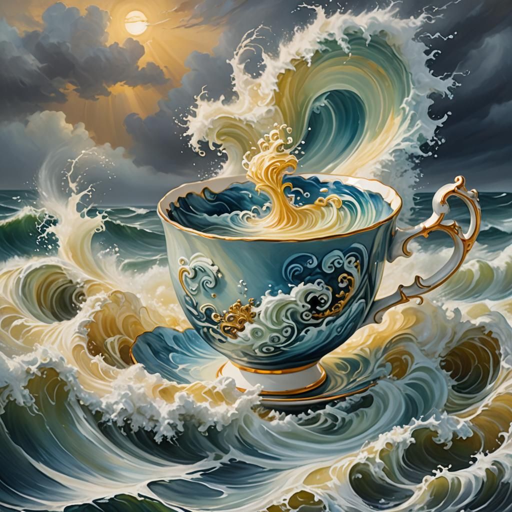 Stormy Sea in Teacup: Magical Realism Painting