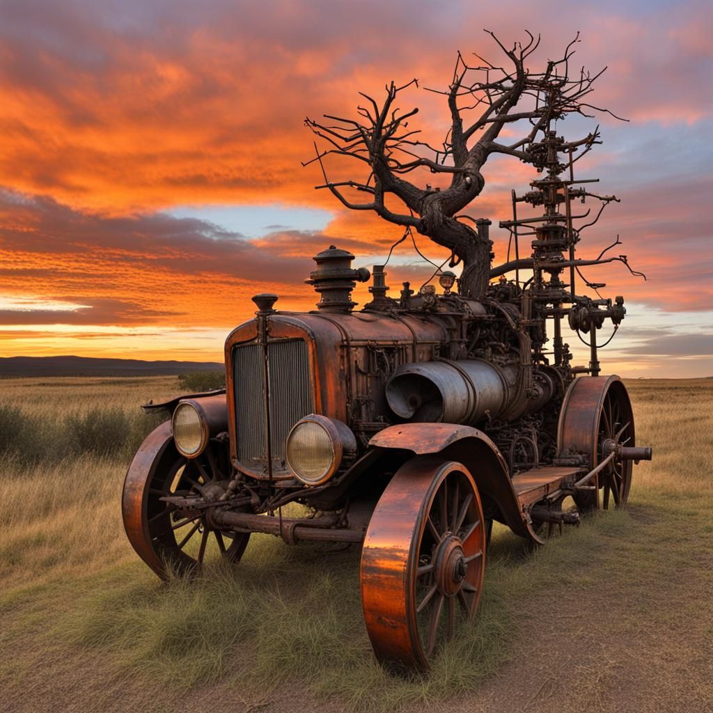 Steampunk Engine Embedded in Sunset Pine Tree
