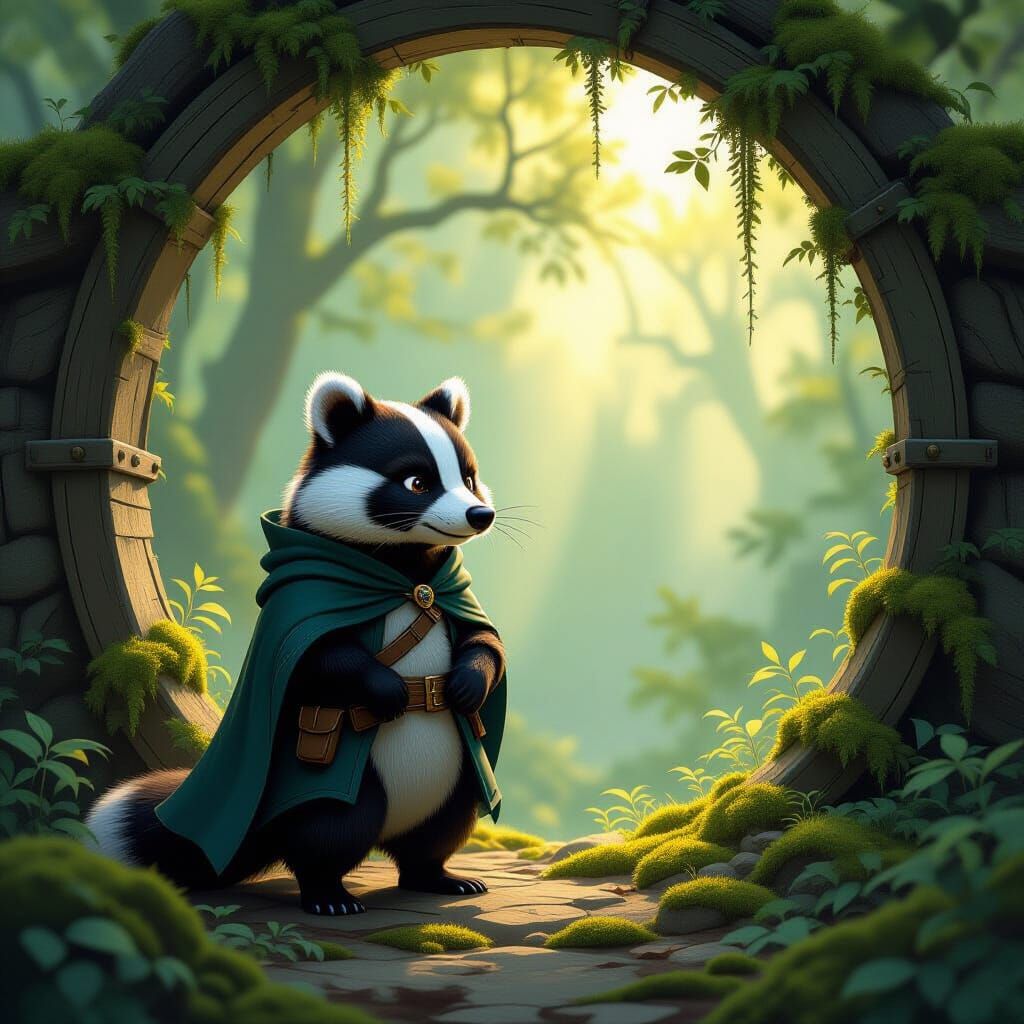 Whimsical Badger Guarding Ancient Forest Entrance