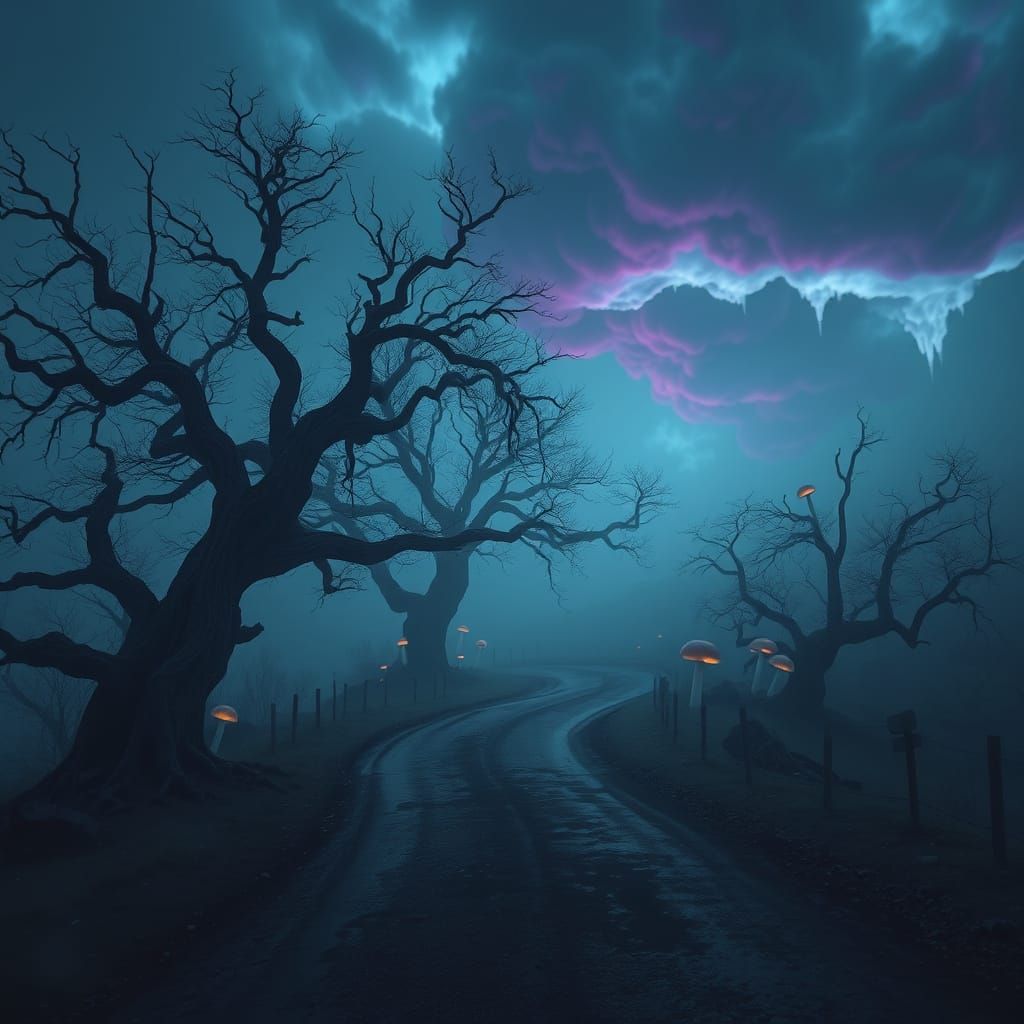 Mystical Road Under a Foreboding Indigo Sky