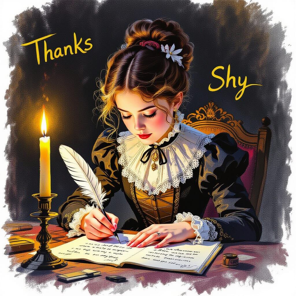 Victorian Girl Writes by Candlelight, Expressive Pencil Sket...