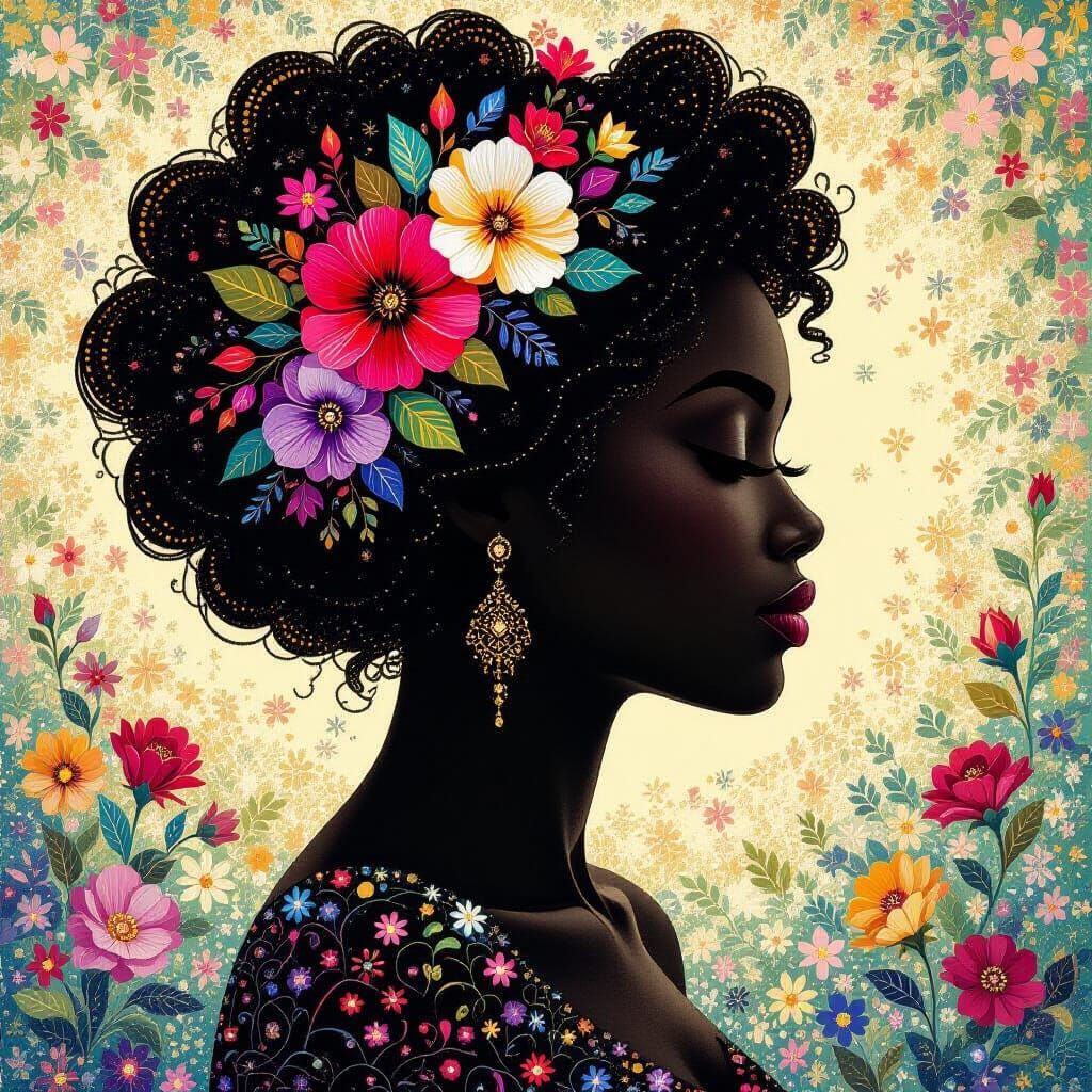 Pointillism Portrait of a Black Woman Decorated with Flowers