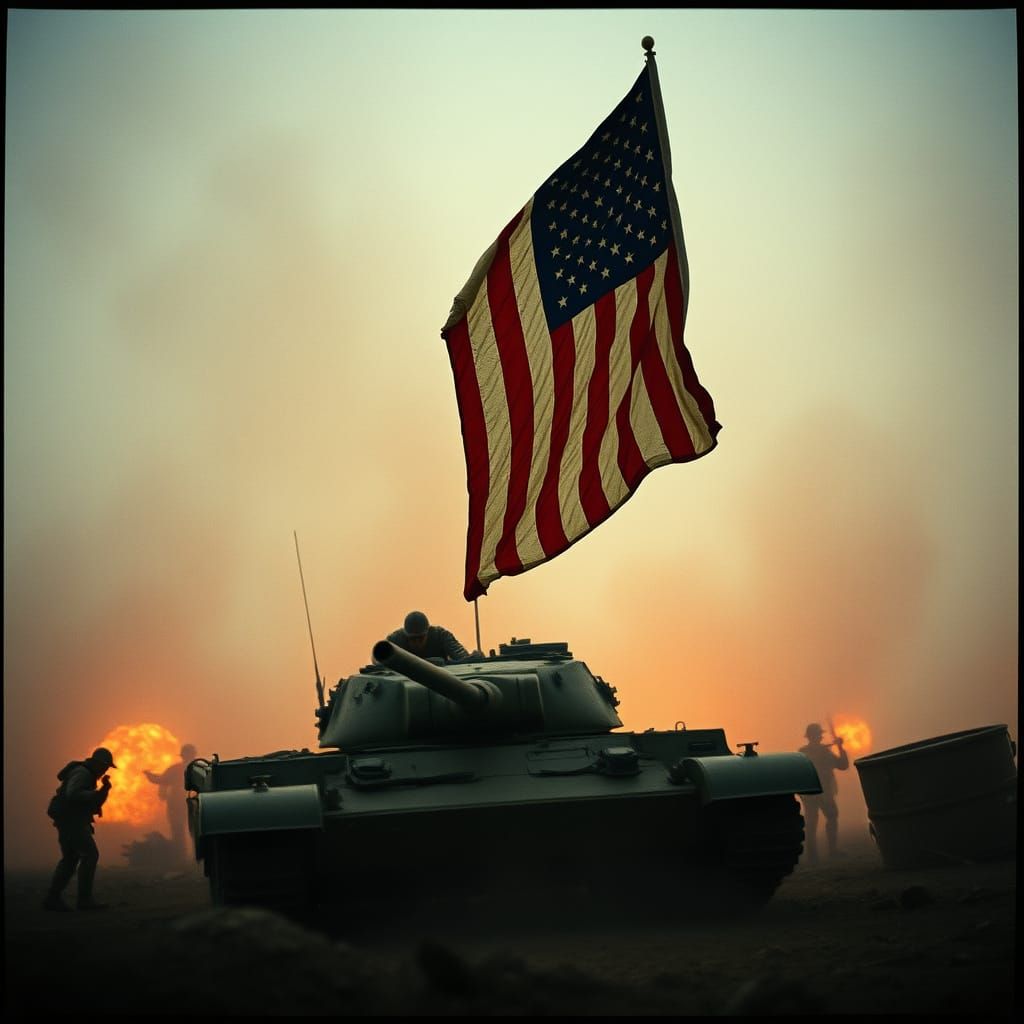 WWII Battlefield: Tattered Flag Amidst Destruction