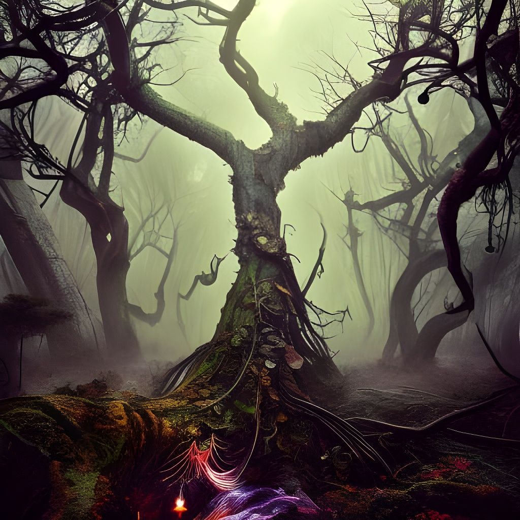 Intricate Treehouse in Foggy Fantasy Woods