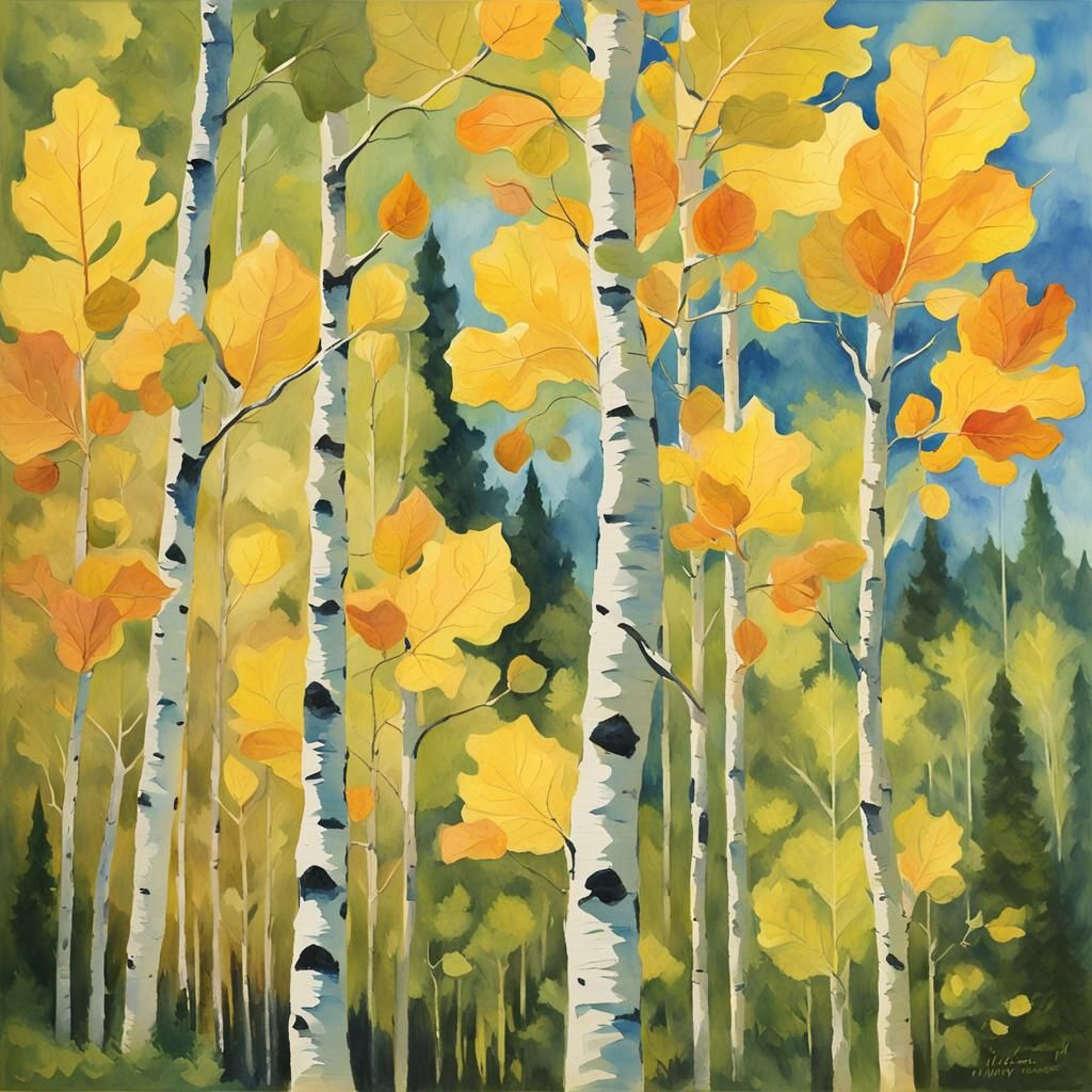 Aspen Leaves in Gouache Watercolor Style