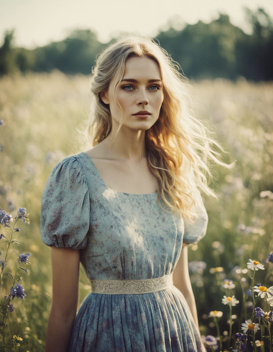 Vintage Photo of Woman in Wildflower Field