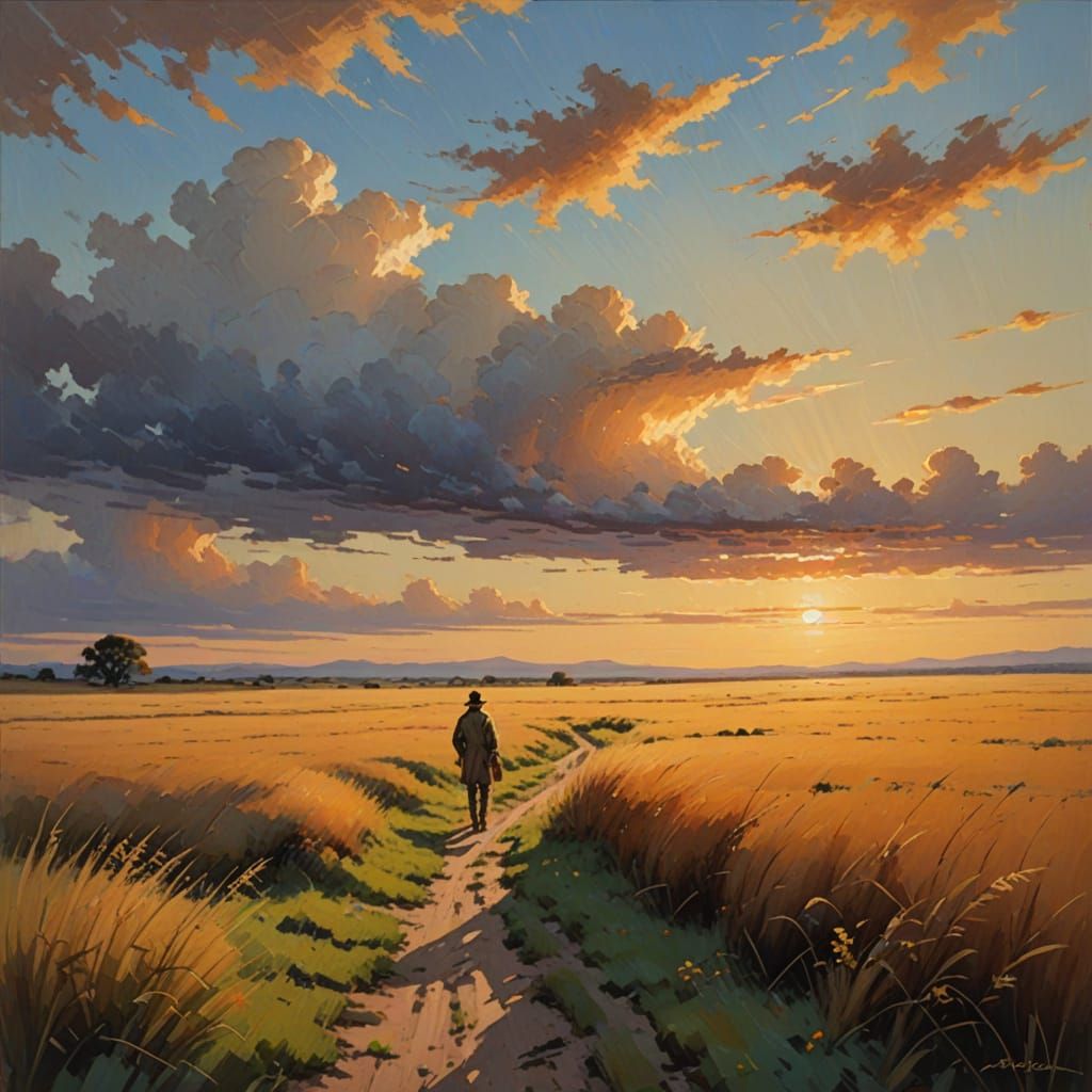 Serene Sunset Landscape in Warm Golden Light