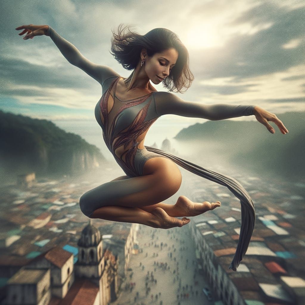 Ethereal Hispanic Acrobat in Elegant Flight