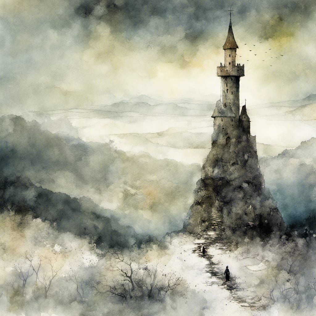 Tower on Mountain: Storybook Illustration
