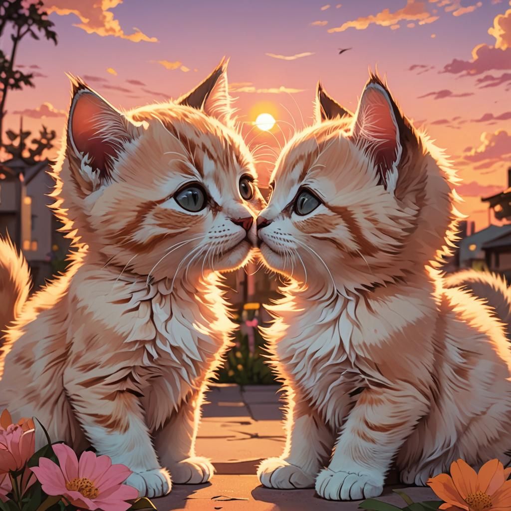Kittens Kissing at Sunset in Anime Style