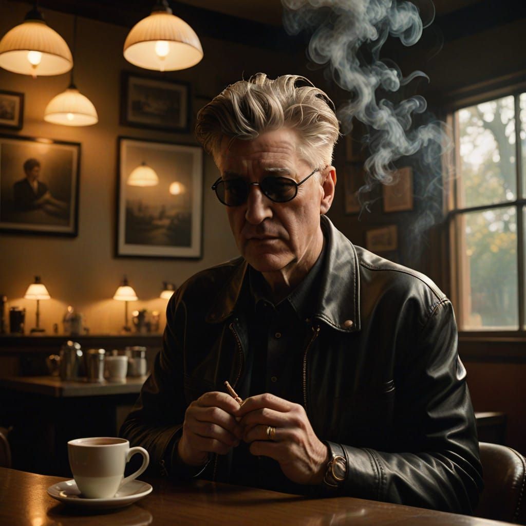Surreal Noir Portrait of David Lynch in Smoky Café