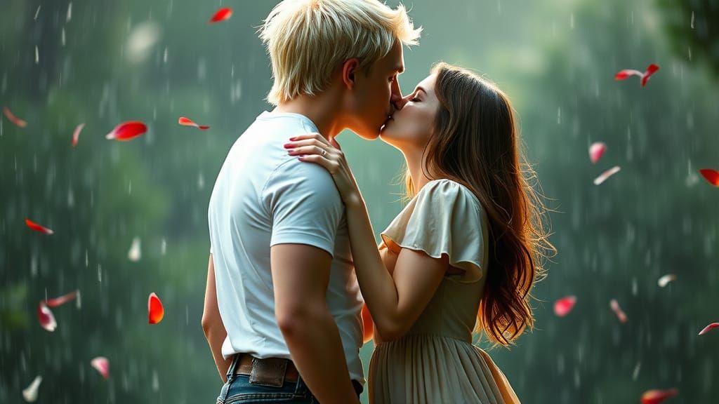 Romantic Kiss in Summer Rain