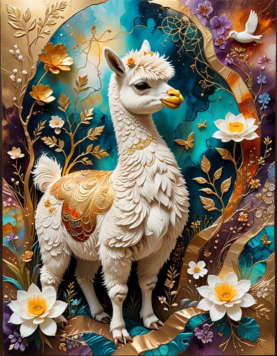 Alpaca and Duckling in Surreal Kintsugi Style