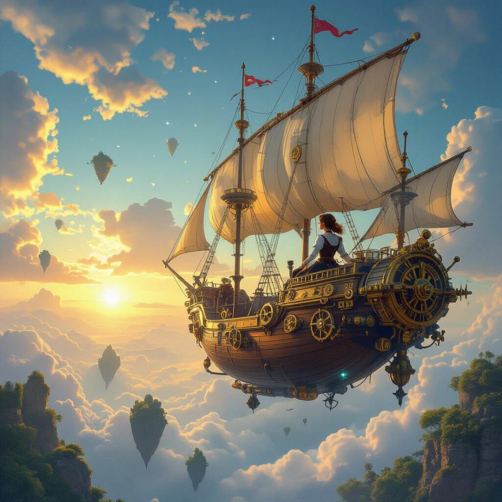 Steampunk Airship Navigates Sky with Floating Islands