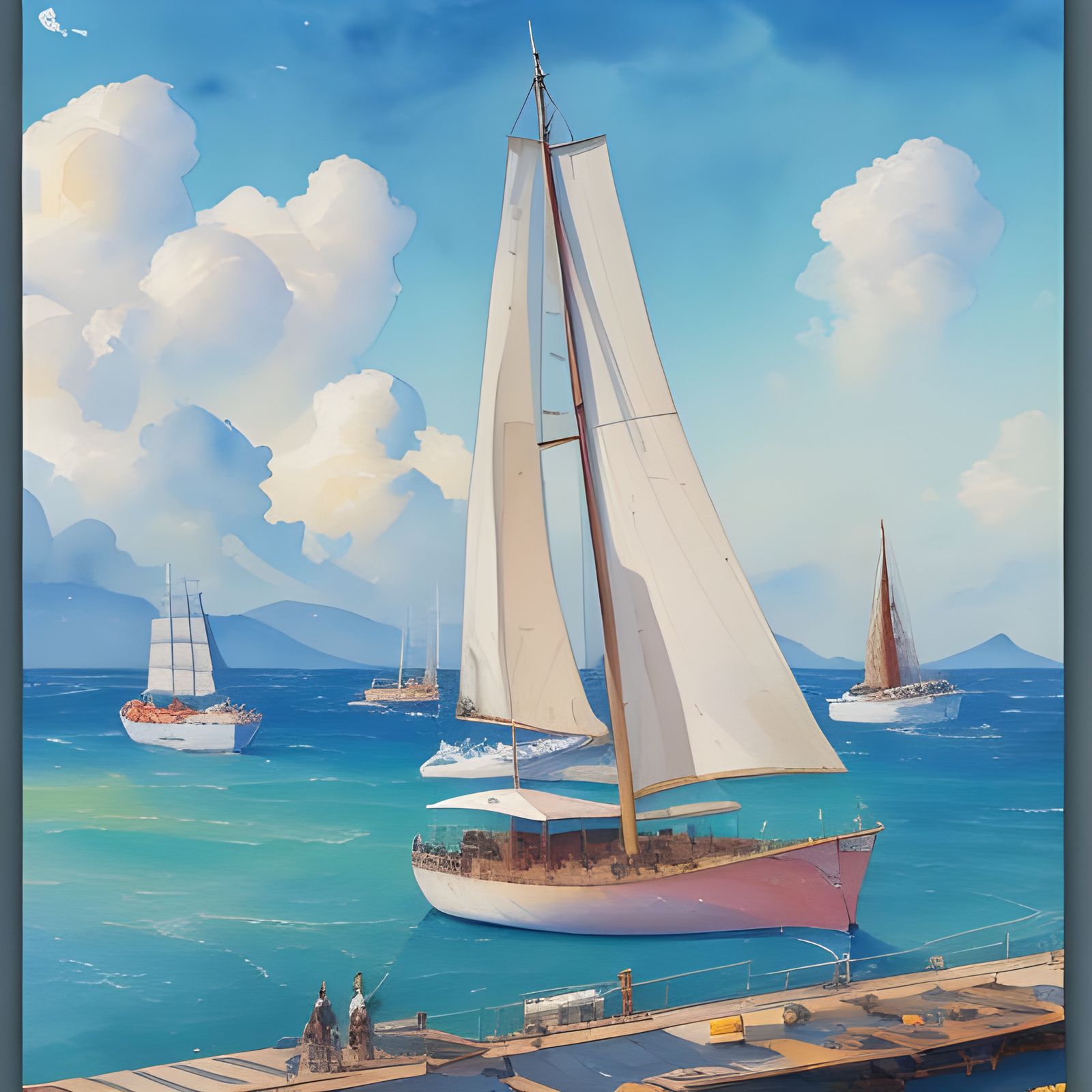 Catamaran Arriving at Port, Impressionist Gouache Style