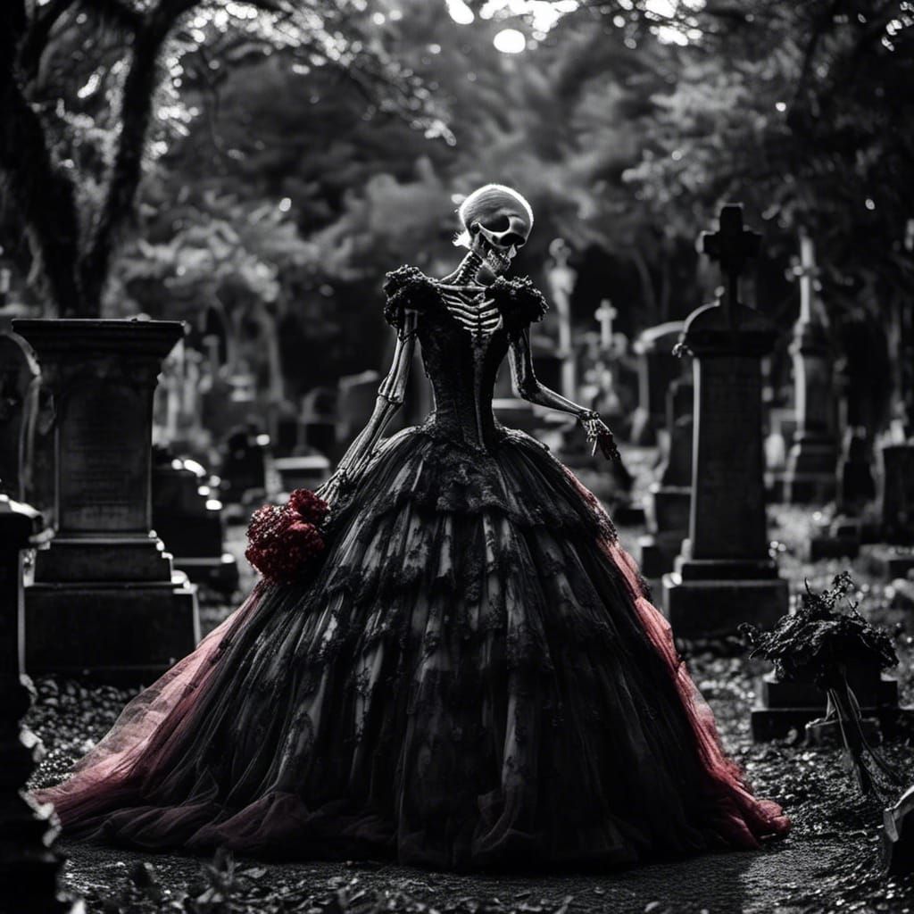Monochrome Macabre Skeleton Pirouettes in Cemetery