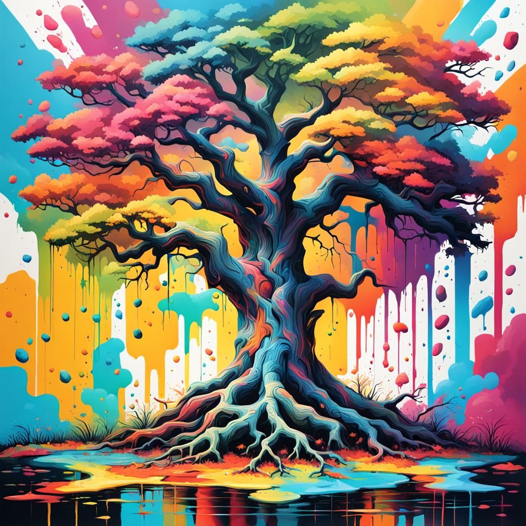 Colorful Abstract Tree in Graffiti Splash Art Style