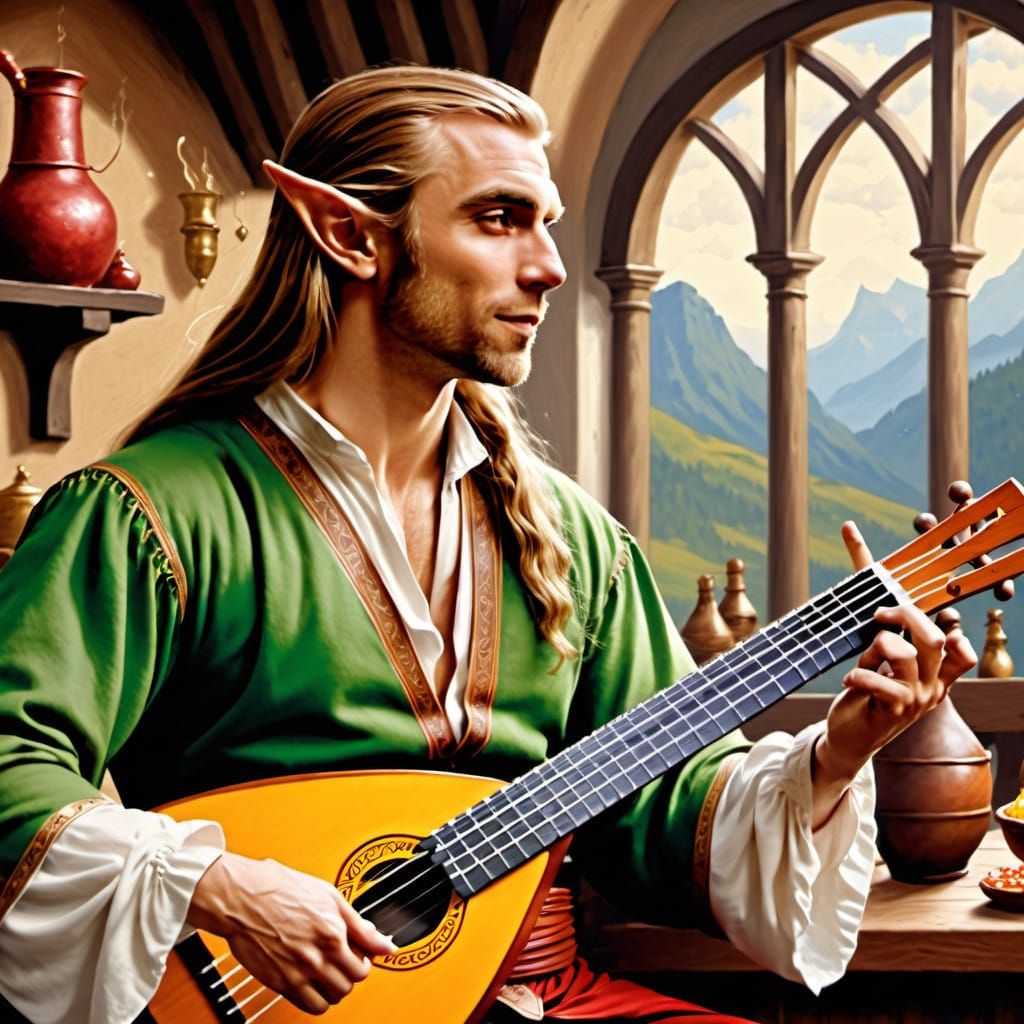 Half Elf Bard in Whimsical Tavern Scene