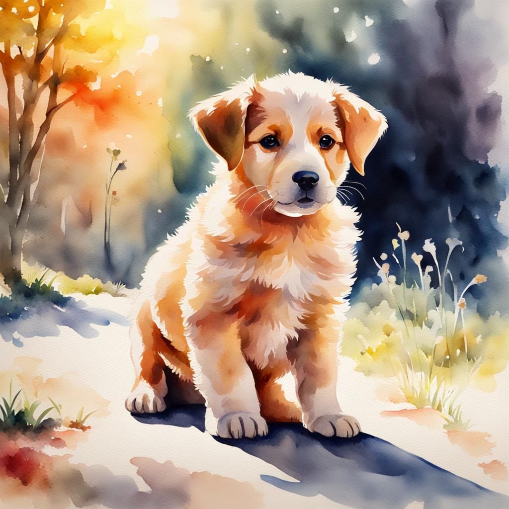 Puppy in Sunlight: Watercolor Art