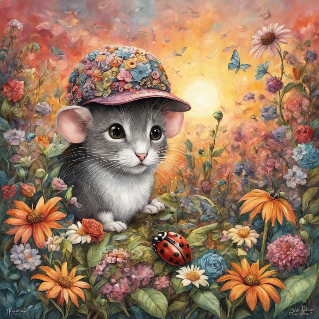 Mouse, Cat, and Ladybug in Whimsical Style