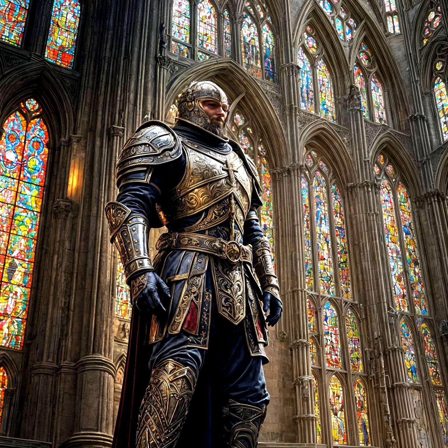 Crusader Knight in Front of Gothic Cathedral