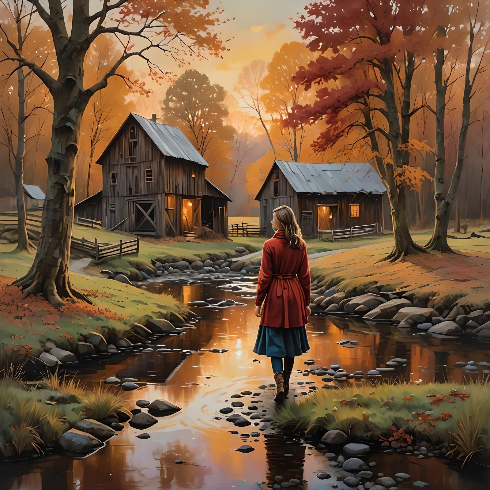 Autumn Farm Sunset With Girl by Creek