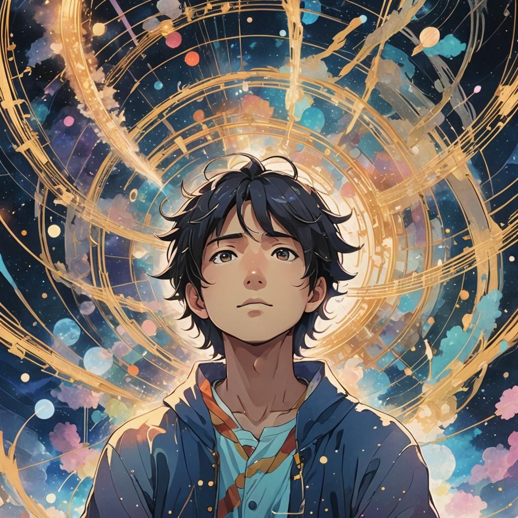 Melancholic God in Anime Style Surrounded by Music