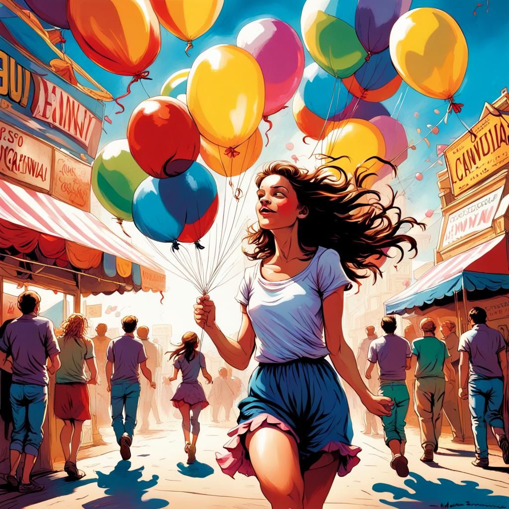 Girl with Balloon at Vibrant Carnival, Comic Art