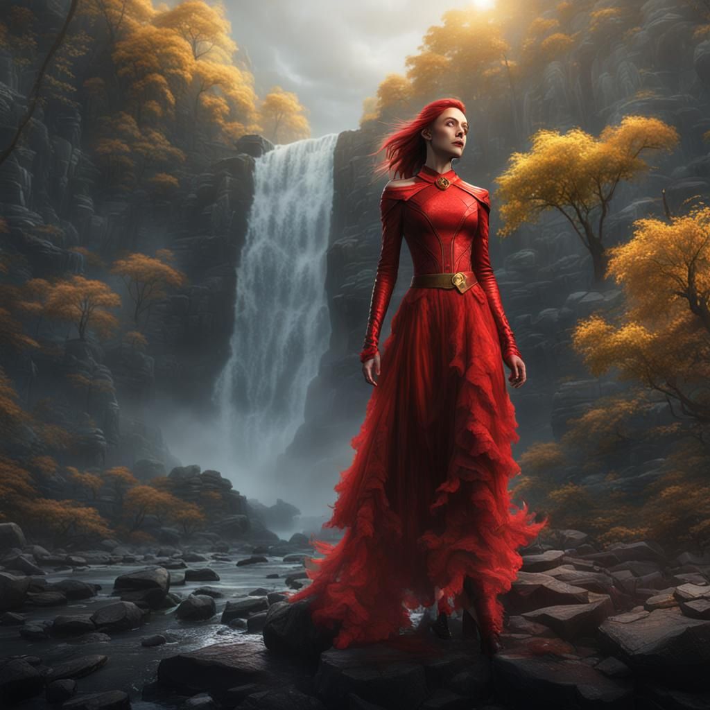 Jean Grey by Waterfall: Detailed Matte Painting