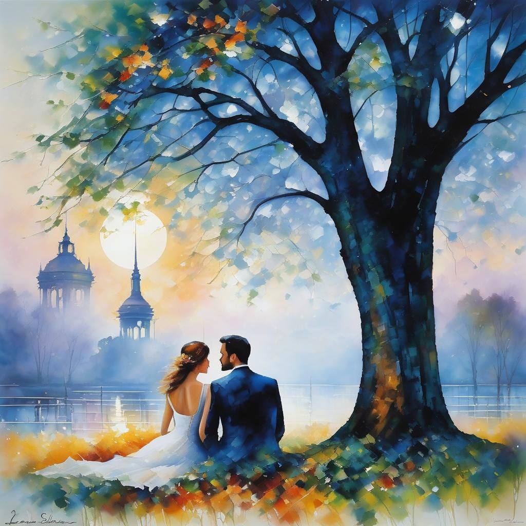 Romantic Couple Under Blue Tree: Digital Art
