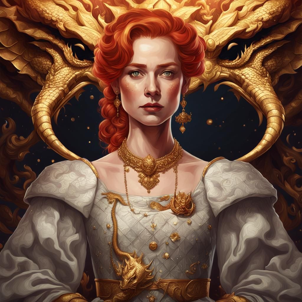 Red-Haired Woman with Dragon, Art Nouveau Portrait