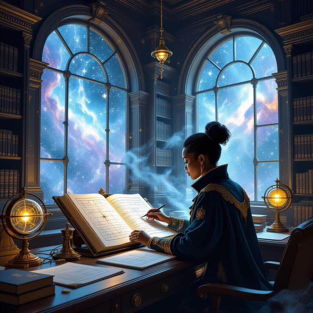 African Celestial Librarian in Cosmic Library, Steampunk Sty...