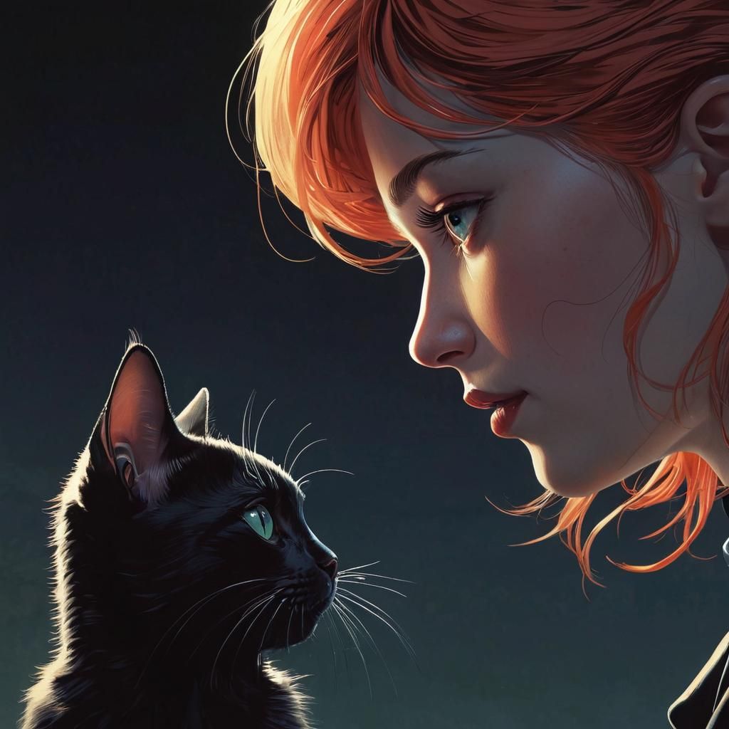 Intricate Comic Book Portrait of Girl and Kitten in Fantasti...