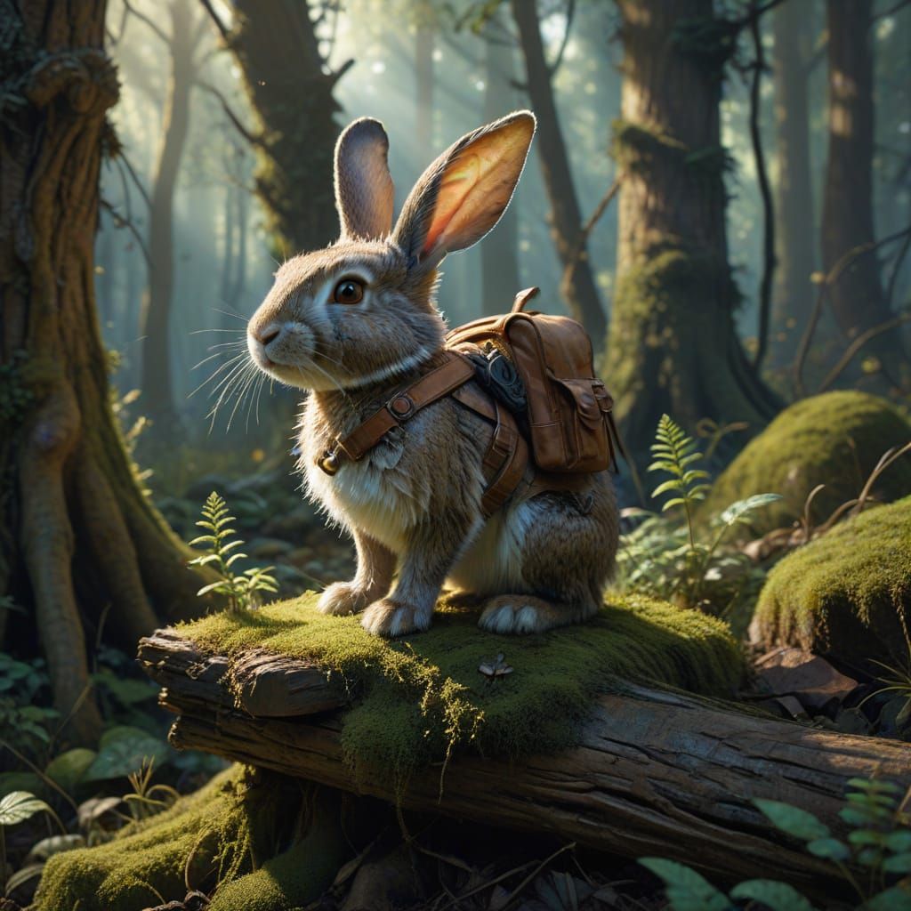 Whimsical Rabbit Explorer in Enchanted Forest