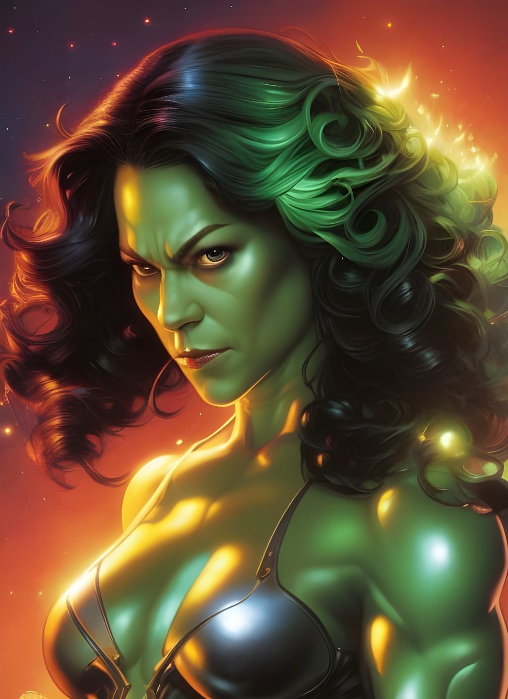 Green She-Hulk Crayon Caricature in Hyperrealism Style