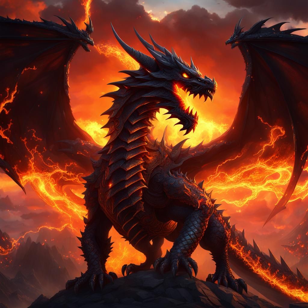 view of a shadow dragon emerging into fiery skies, RPG style...