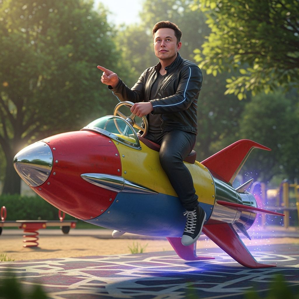 Elon Musk Rides Playground Rocket: Syd Mead Inspired