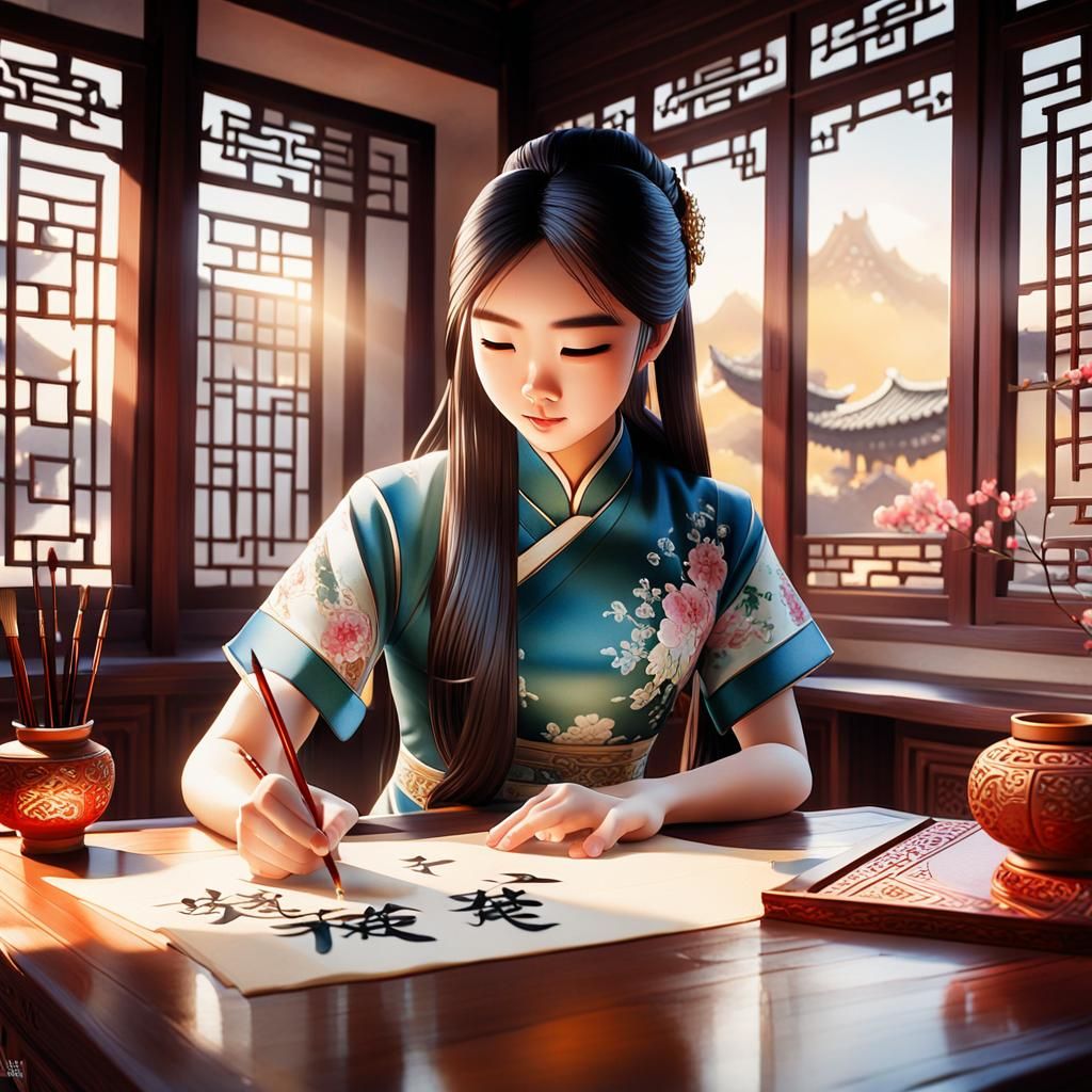 Girl in Qipao Writing in Traditional Chinese House
