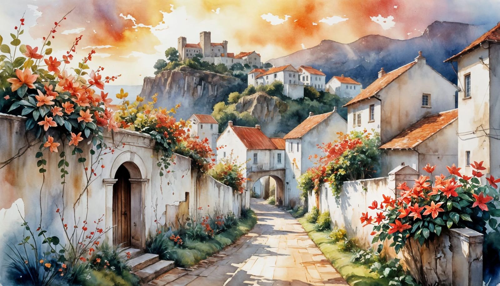 Coastal Castle Town: Impressionistic Watercolor Painting