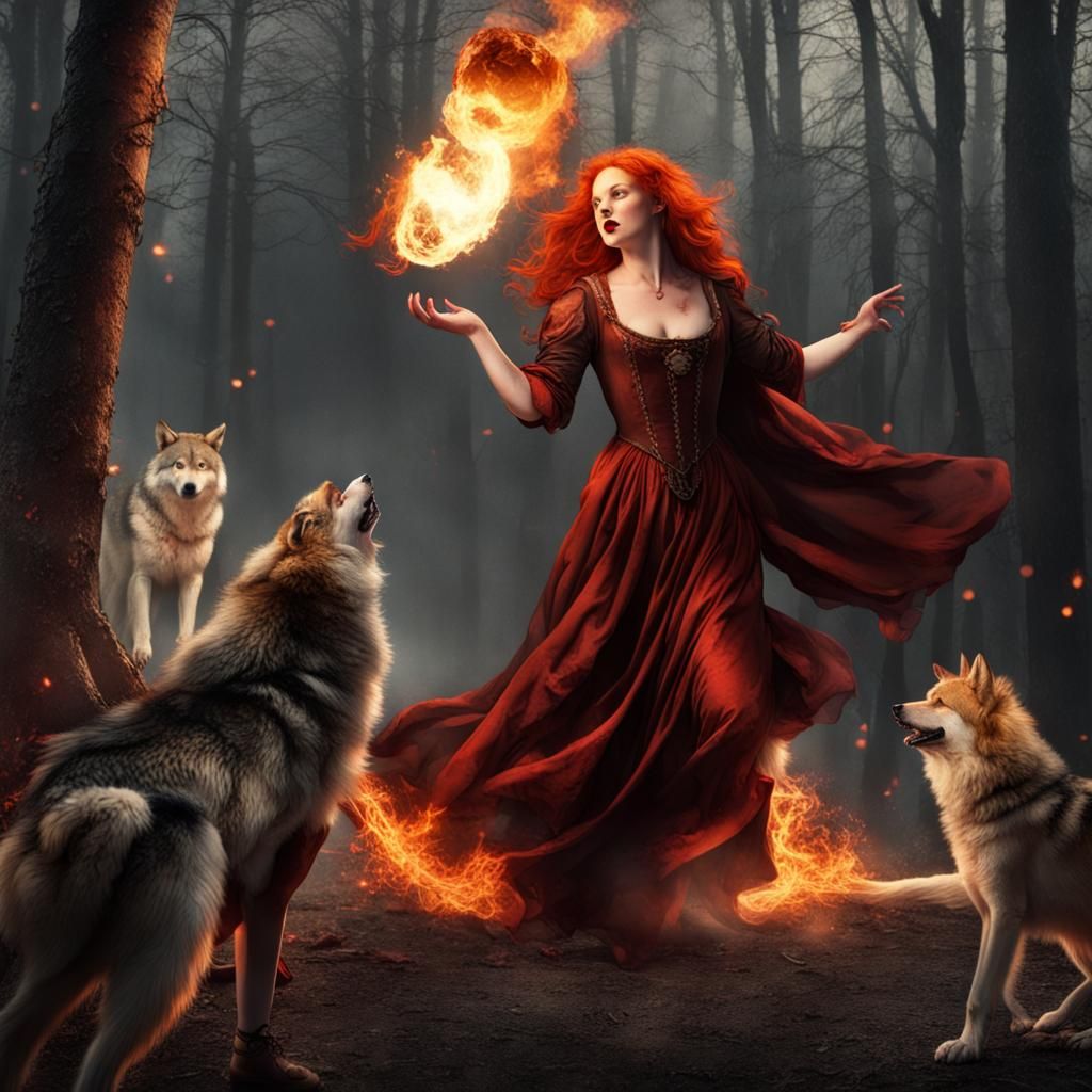 Medieval Woman Conjures Fireball Against Wolves