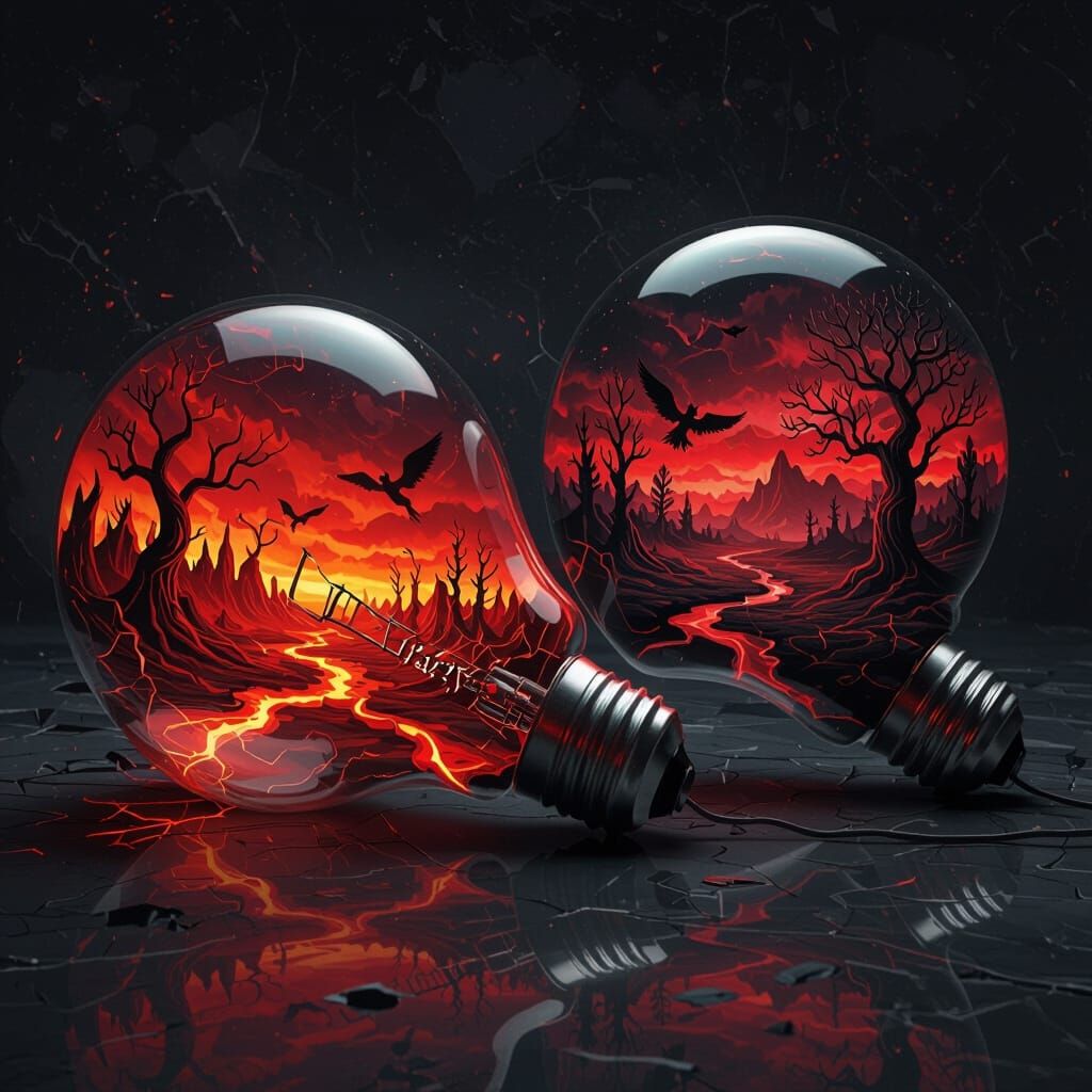 Surreal Light Bulbs with Fiery and Shadowed Worlds