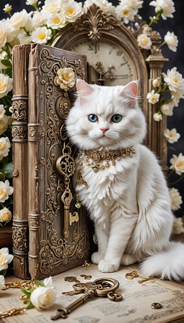 Dazzling Cat with Jewels and Ornate Book