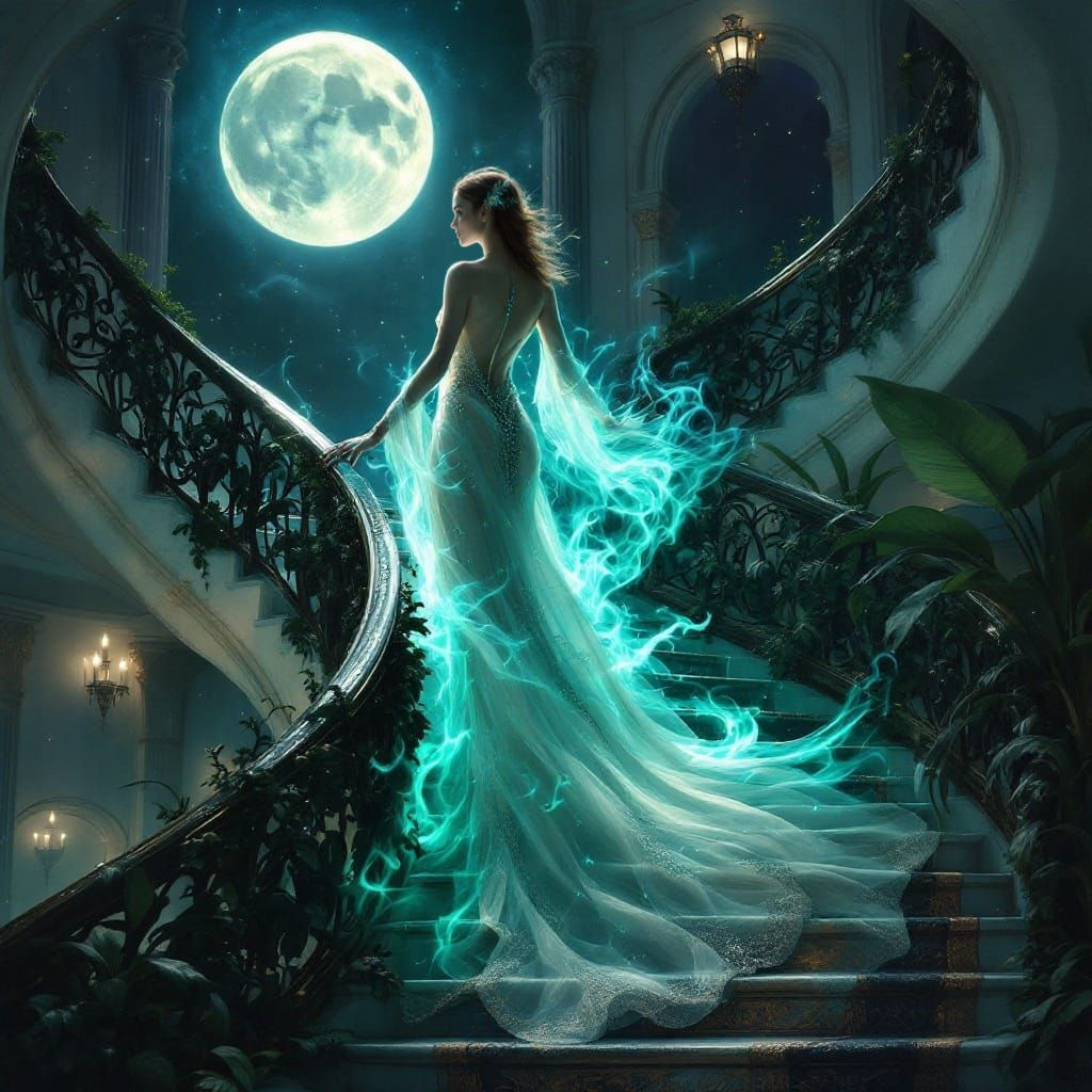 Ethereal Goddess Descends Upon Moonlit Staircase in Cinemati...