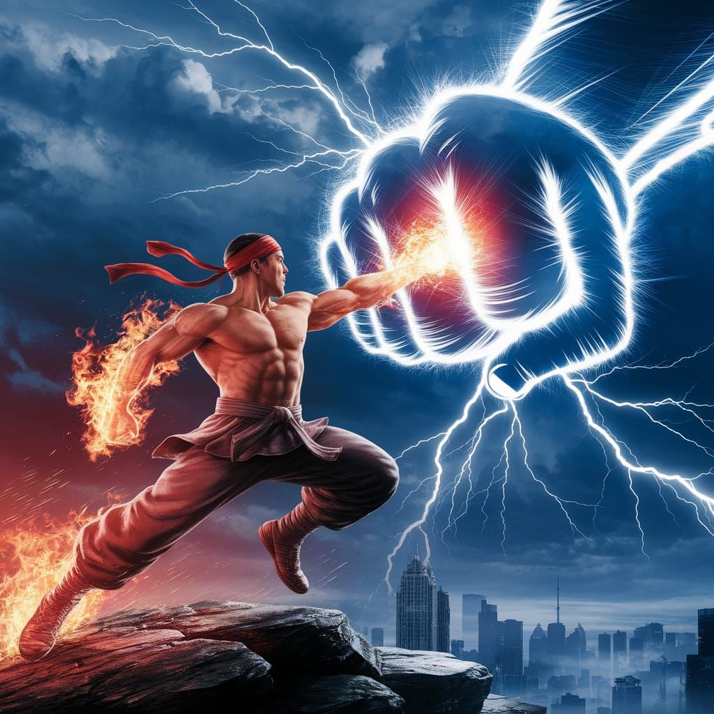 Flaming Electric Fist Karate Master in Storm