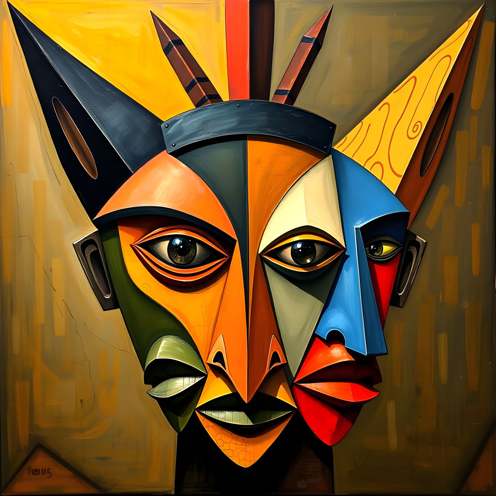 Angular African Faces in Primitivism Cubism Style