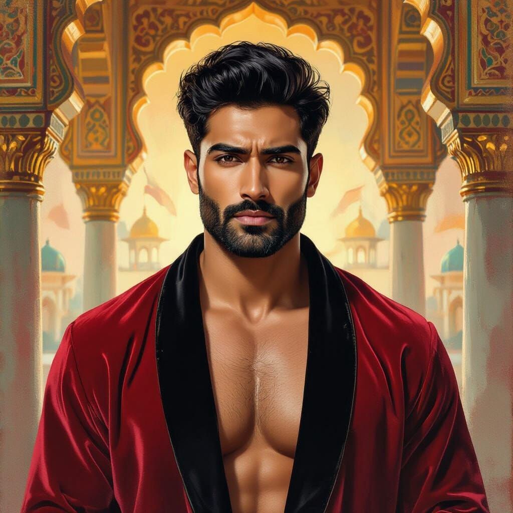 Serene Indian Man in Velvet Robe, Golden Mosque Interior