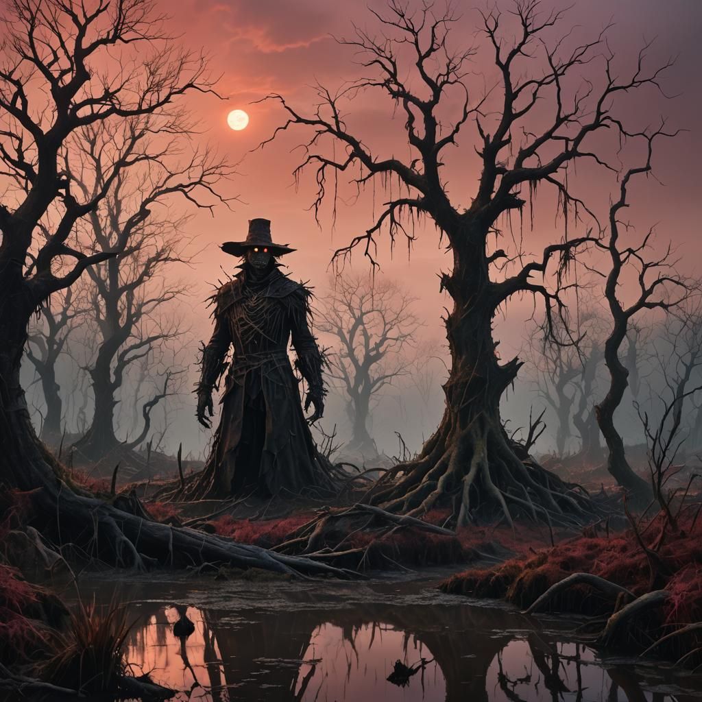 Mysterious Swamp Scene in Crimson Twilight