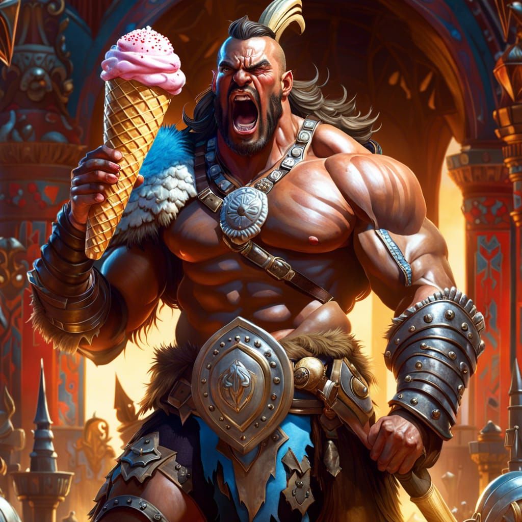 Muscular Barbarian Yelling and Holding Ice Cream