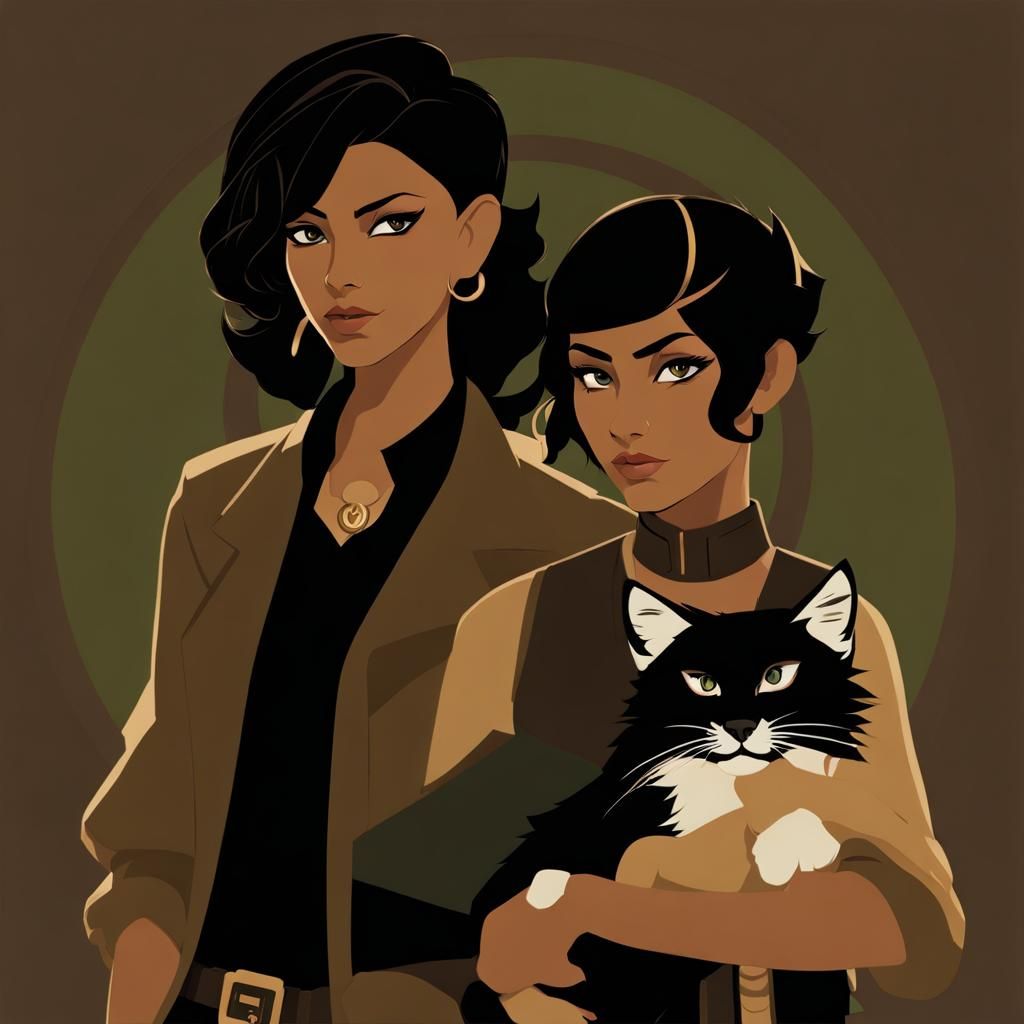 Shoshone Android with Cat in Solarpunk Art Deco Style